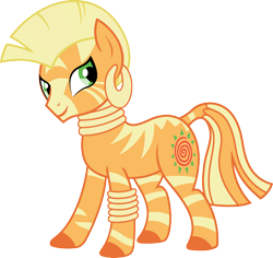 Size: 1920x1810 | Tagged: safe, derpibooru import, edit, applejack, zecora, earth pony, pony, zebra, bracelet, colored hooves, ear piercing, earring, female, fusion, jewelry, mare, neck rings, palette swap, piercing, ponyar fusion, recolor, simple background, smiling, solo, transparent background, vector, vector edit