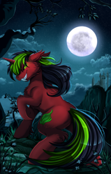 Size: 2550x4009 | Tagged: safe, artist:pridark, derpibooru import, oc, oc:pynoka, hengstwolf, pony, unicorn, werewolf, absurd resolution, castle, cliff, commission, cutie mark, full moon, glowing eyes, green eyes, moon, night, night sky, scenery, sky, solo, stars, tree