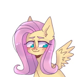 Size: 720x720 | Tagged: safe, alternate version, artist:rysya_ve, derpibooru import, fluttershy, pegasus, pony, blushing, bust, female, looking down, mare, simple background, solo, white background