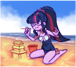 Size: 2330x2050 | Tagged: safe, artist:drantyno, derpibooru import, sci-twi, twilight sparkle, equestria girls, adorkable, barefoot, beach, bucket, clothes, cute, dork, egghead, feet, glasses, one-piece swimsuit, pencil, sand, sand sculpture, sandcastle, sitting, solo, swimsuit, twiabetes