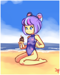 Size: 1400x1740 | Tagged: safe, artist:drantyno, derpibooru import, supernova zap, better together, equestria girls, sunset's backstage pass!, barefoot, beach, blushing, clothes, cute, feet, food, ice cream, one-piece swimsuit, smiling, solo, su-z, su-z-betes, swimsuit