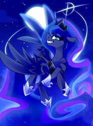 Size: 2512x3400 | Tagged: safe, artist:nekosnicker, derpibooru import, princess luna, alicorn, pony, chest fluff, female, flying, full moon, grin, high res, mare, moon, night, profile, sky, smiling, solo