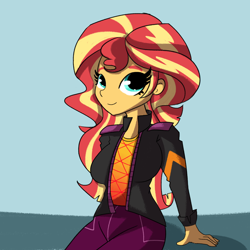 Size: 2700x2700 | Tagged: safe, artist:tjpones, derpibooru import, sunset shimmer, equestria girls, blue background, blue eyes, breasts, clothes, cute, eyelashes, female, jacket, looking at you, pants, reclining, shimmerbetes, shirt, simple background, solo, sunset jiggler