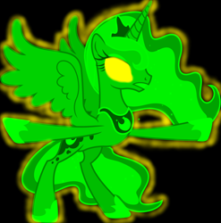Size: 5700x5780 | Tagged: safe, artist:90sigma, artist:mellow91, derpibooru import, edit, princess luna, oc, oc:the supreme being, alicorn, pony, absurd resolution, bipedal, black background, glowing eyes, golden eyes, gritted teeth, possessed, simple background, solo, standing