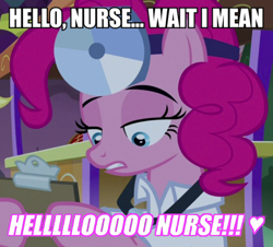 Size: 748x675 | Tagged: safe, derpibooru import, screencap, pinkie pie, earth pony, pony, the summer sun setback, caption, clothes, doctor, female, hello nurse, image macro, mare, solo, text