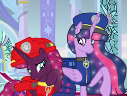 Size: 1440x1080 | Tagged: safe, artist:徐詩珮, derpibooru import, fizzlepop berrytwist, princess twilight 2.0, tempest shadow, twilight sparkle, twilight sparkle (alicorn), alicorn, pony, series:sprglitemplight diary, series:sprglitemplight life jacket days, series:springshadowdrops diary, series:springshadowdrops life jacket days, alicornified, alternate universe, base used, chase (paw patrol), clothes, cute, female, lesbian, marshall (paw patrol), older, older tempest shadow, older twilight, paw patrol, race swap, shipping, tempesticorn, tempestlight, ultimate twilight