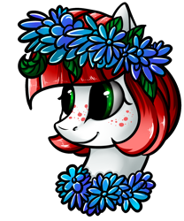 Size: 1500x1800 | Tagged: safe, artist:intfighter, derpibooru import, oc, oc only, earth pony, pony, bust, earth pony oc, floral head wreath, flower, freckles, simple background, smiling, solo, transparent background