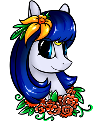 Size: 1500x1800 | Tagged: safe, artist:intfighter, derpibooru import, oc, oc only, earth pony, pony, bust, earth pony oc, flower, flower in hair, flower necklace, simple background, smiling, solo, transparent background