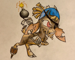 Size: 2357x1886 | Tagged: safe, artist:calebk64, derpibooru import, shanty goat, goat, them's fightin' herds, amputee, cloven hooves, colored pencil drawing, community related, eyepatch, female, grenade, injured, peg leg, prosthetic leg, prosthetic limb, prosthetics, simple background, solo, traditional art, white background