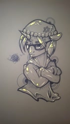 Size: 540x960 | Tagged: safe, artist:kiwwsplash, derpibooru import, oc, oc only, pony, unicorn, :p, bust, crossed arms, glasses, hat, horn, lineart, solo, tongue out, traditional art, unicorn oc