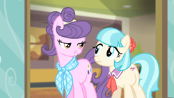 Size: 1280x720 | Tagged: safe, derpibooru import, screencap, coco pommel, suri polomare, earth pony, pony, rarity takes manehattan, duo, eye contact, female, looking at each other, mare