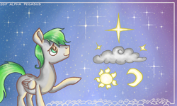 Size: 854x512 | Tagged: safe, artist:dreamyskies, derpibooru import, oc, oc only, oc:dreamer skies, pegasus, abstract art, abstract background, cloud, cute, cutie mark, dream, looking up, male, modern art, nebula, pegasus oc, sparkles, stallion, stars, wings