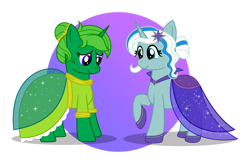 Size: 1280x844 | Tagged: safe, artist:tenderrain46, derpibooru import, oc, oc only, oc:lime dream, oc:tender rain, pony, unicorn, clothes, dress, female, gala dress, mare