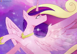 Size: 4093x2894 | Tagged: safe, artist:chickenbrony, derpibooru import, princess cadance, alicorn, pony, female, flying, jewelry, looking up, mare, regalia, solo, sparkles, windswept mane