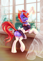 Size: 927x1300 | Tagged: safe, artist:limreiart, derpibooru import, oc, oc only, pony, unicorn, blushing, butt, clothes, maid, outfit, plot, solo, window