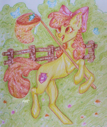 Size: 2399x2833 | Tagged: safe, artist:lovely-pony, derpibooru import, apple bloom, butterfly, pony, solo, traditional art