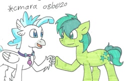 Size: 1262x816 | Tagged: safe, artist:cmara, derpibooru import, sandbar, terramar, earth pony, hippogriff, pony, brofist, fist bump, male, open mouth, raised hoof, simple background, traditional art, white background