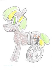 Size: 649x911 | Tagged: safe, artist:ptitemouette, derpibooru import, oc, oc:golden nuggets, parent:ms. harshwhinny, parent:ms. peachbottom, parents:harshbottom, wheelchair