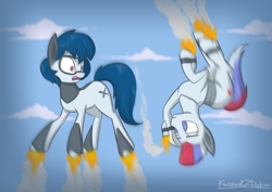 Size: 3508x2480 | Tagged: safe, artist:kozachokzrotom, oc, oc:merlin, oc:proton, original species, pony, rocket pony, motion blur, ponified, rocket, roskosmos, spacex, this will not end well