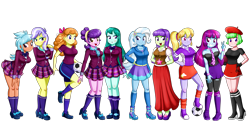 Size: 4390x2467 | Tagged: safe, artist:the-butch-x, derpibooru import, edit, cloudy kicks, cold forecast, drama letter, frosty orange, mystery mint, orange sherbette, starlight, suri polomare, trixie, upper crust, watermelody, equestria girls, :o, background human, ball, beautiful, beret, blushing, book, boots, breasts, busty mystery mint, busty orange sherbette, clothes, crystal prep academy uniform, cute, ear piercing, earring, eyelashes, eyeshadow, female, football, grin, hand on hip, hands behind back, hat, high heel boots, holding, hoodie, jacket, jewelry, legs, lidded eyes, long skirt, looking at you, makeup, necklace, open mouth, peace sign, pearl necklace, piercing, plaid skirt, pleated skirt, raised eyebrow, raised leg, scarf, school uniform, shipping, shirt, shoes, shorts, simple background, skirt, smiling, socks, sports, sports shorts, suribetes, teeth, transparent background
