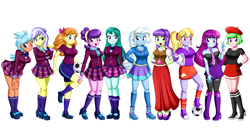 Size: 4390x2467 | Tagged: safe, artist:the-butch-x, derpibooru import, edit, cloudy kicks, cold forecast, drama letter, frosty orange, mystery mint, orange sherbette, starlight, suri polomare, trixie, upper crust, watermelody, equestria girls, :o, background human, ball, beautiful, beret, blushing, book, boots, breasts, busty mystery mint, busty orange sherbette, clothes, crystal prep academy uniform, cute, ear piercing, earring, eyelashes, eyeshadow, female, football, grin, hand on hip, hands behind back, hat, high heel boots, holding, hoodie, jacket, jewelry, legs, lidded eyes, long skirt, looking at you, makeup, necklace, open mouth, peace sign, pearl necklace, piercing, plaid skirt, pleated skirt, raised eyebrow, raised leg, scarf, school uniform, shipping, shirt, shoes, shorts, simple background, skirt, smiling, socks, sports, sports shorts, suribetes, teeth, white background