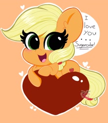 Size: 1802x2048 | Tagged: safe, artist:kittyrosie, derpibooru import, applejack, earth pony, pony, blushing, cute, dialogue, female, hatless, heart, jackabetes, mare, missing accessory, open mouth, orange background, prone, simple background, solo, speech bubble, weapons-grade cute