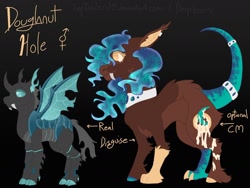 Size: 1280x960 | Tagged: safe, artist:lepiswerid, derpibooru import, oc, oc:doughnut hole, changeling, adopted offspring, cutie mark, disguise, disguised changeling, ear piercing, earring, flowing mane, genderfluid, jewelry, parent:princess luna, piercing, solo