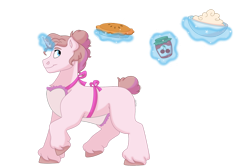 Size: 1280x854 | Tagged: safe, artist:itstechtock, derpibooru import, oc, oc:cocoa powder, pony, unicorn, apron, clothes, female, food, magic, mare, offspring, parent:double diamond, parent:sugar belle, pie, simple background, solo, transparent background