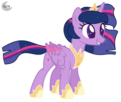 Size: 1534x1290 | Tagged: safe, artist:princesslunayay, derpibooru import, twilight sparkle, twilight sparkle (alicorn), alicorn, pony, base used, bio in description, colored eyebrows, colored eyelashes, colored pupils, colored wings, crown, ethereal mane, ethereal tail, female, happy, hoof shoes, jewelry, logo, mare, necklace, next generation, older, regalia, simple background, smiling, solo, starry mane, white background, wings