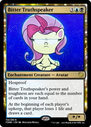 Size: 375x523 | Tagged: safe, derpibooru import, edit, fluttershy, pegasus, pony, bad thing no. 3, my little pony: pony life, spoiler:pony life s01e05, ccg, glowing eyes, headband, lotus position, magic the gathering, stars, trading card, trading card edit