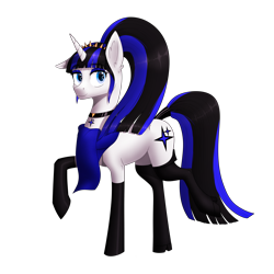 Size: 2200x2200 | Tagged: safe, artist:inaya, derpibooru import, oc, oc only, oc:coldlight bluestar, pony, unicorn, boots, clothes, collar, cutie mark, female, gloves, high heels, horn, jewelry, makeup, mare, meta, ponytail, scarf, shoes, simple background, socks, solo, tags, tail wrap, thigh highs, tiara, transparent background