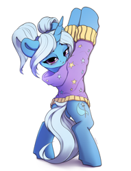 Size: 2180x2850 | Tagged: safe, artist:hitbass, derpibooru import, trixie, pony, unicorn, adorasexy, alternate hairstyle, babysitter trixie, bipedal, blushing, clothes, cute, diatrixes, female, hoodie, looking at you, looking back, looking back at you, mare, rear view, sexy, simple background, solo, white background