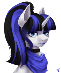 Size: 1345x1600 | Tagged: artist needed, safe, derpibooru import, oc, oc only, oc:coldlight bluestar, pony, unicorn, clothes, collar, female, makeup, mare, ponytail, sad, scarf, simple background, solo, white background