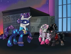 Size: 1024x768 | Tagged: safe, artist:lavenderrain24, derpibooru import, radiance, rarity, sweetie belle, oc, oc:ebony darkness, pony, unicorn, city, cityscape, clothes, costume, female, filly, night, power ponies, shadow striker, silver stardust