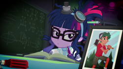 Size: 1280x720 | Tagged: safe, derpibooru import, screencap, sci-twi, timber spruce, twilight sparkle, better together, eqg summertime shorts, equestria girls, mad twience, axe, book, camp everfree outfits, clothes, cute, female, glasses, implied shipping, implied straight, implied timbertwi, lab coat, laboratory, legs, male, meme origin, photo, picture frame, scientist, shorts, smiling, timberbetes, weapon