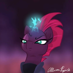 Size: 1000x1000 | Tagged: safe, artist:robots-art, derpibooru import, tempest shadow, broken horn, horn, raised eyebrow, simple background, solo