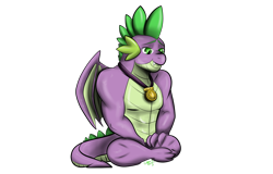 Size: 1280x820 | Tagged: safe, artist:maneiacmayhem, derpibooru import, spike, dragon, medal, older, older spike, simple background, sitting, solo, transparent background, winged spike