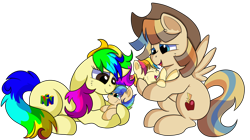 Size: 1280x715 | Tagged: safe, artist:rainbowtashie, derpibooru import, braeburn, oc, oc:azure spice, oc:cinnamon spectrum, oc:rainbow tashie, oc:spicy cider, earth pony, pegasus, pony, commissioner:bigonionbean, cowboy hat, cuddling, cute, daaaaaaaaaaaw, father and child, father and daughter, female, foal, fusion, fusion:spicy cider, hat, male, mother and child, mother and son, offspring, parent and child, simple background, stetson, transparent background, wind waker (character), writer:bigonionbean