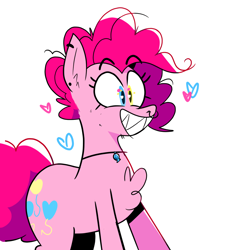 Size: 1274x1393 | Tagged: safe, artist:cassettepunk, derpibooru import, pinkie pie, earth pony, pony, chest fluff, heart, shark teeth, simple background, smiling, solo, white background