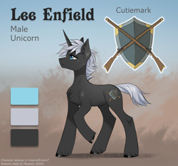 Size: 1286x1200 | Tagged: safe, artist:margony, derpibooru import, oc, oc only, oc:lee enfield, unicorn, chest fluff, flintlock, male, musket, reference sheet, shield, unshorn fetlocks