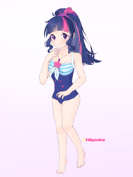 Size: 768x1024 | Tagged: safe, artist:hapinkie, derpibooru import, sci-twi, twilight sparkle, human, equestria girls, anime, clothes, female, human coloration, humanized, looking at you, missing accessory, one-piece swimsuit, signature, solo, swimsuit