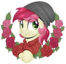 Size: 3813x3696 | Tagged: safe, artist:partylikeanartist, derpibooru import, roseluck, earth pony, pony, absurd resolution, alternate design, beanie, eye clipping through hair, eyebrows, eyebrows visible through hair, flannel, flannel shirt, flower, hat, looking away, lumberjack, rose, simple background, smiling, solo, transparent background, wingding eyes, wreath