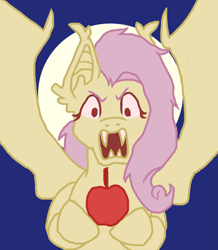 Size: 2859x3285 | Tagged: safe, artist:theedgyduck, derpibooru import, fluttershy, bat pony, pegasus, pony, apple, bat ponified, cute, fangs, female, flutterbat, food, hoof hold, mare, no shading, race swap, red eyes, shyabates, shyabetes, simple background, solo, wings