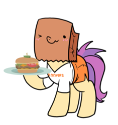 Size: 747x796 | Tagged: safe, artist:paperbagpony, artist:ravecrocker, derpibooru import, oc, oc:paper bag, burger, clothes, cute, female, food, hooters, one eye closed, shirt, shorts, simple background, white background, wink