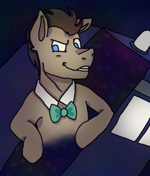 Size: 1200x1400 | Tagged: safe, derpibooru import, doctor whooves, earth pony, pony, background pony, blue eyes, bowtie, clothes, crossover, doctor who, male, solo, space, stallion, tardis