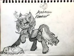 Size: 1912x1456 | Tagged: safe, artist:reekosukanku, derpibooru import, oc, oc:ambrosia firehoof, pony, unicorn, male, monochrome, solo, stallion, traditional art