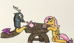 Size: 1280x754 | Tagged: safe, artist:whistle blossom, derpibooru import, discord, fluttershy, draconequus, pegasus, pony, cup, cute, discute, drink, drinking, duo, duo male and female, female, food, male, mare, marker drawing, shyabetes, signature, simple background, tea, tea party, teacup, teapot, tongue out, traditional art, white background