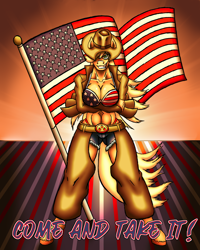 Size: 1200x1500 | Tagged: safe, artist:korencz11, derpibooru import, applejack, anthro, 4th of july, american flag, american flag bikini, american independence day, amerijack, applerack, badass, belt, belt buckle, breasts, chaps, cleavage, clothes, cowboy hat, daisy dukes, female, flag bikini, hat, holiday, patriotic, patriotism, shorts, solo, stetson