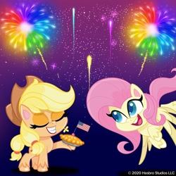 Size: 1080x1080 | Tagged: safe, derpibooru import, applejack, fluttershy, earth pony, pegasus, pony, my little pony: pony life, 4th of july, american flag, american independence day, eyes closed, fireworks, flag, flying, food, holiday, independence day, night, official, pie, united states