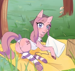 Size: 1700x1602 | Tagged: safe, artist:blimpie, derpibooru import, oc, oc only, oc:sweet haze, earth pony, accessories, blanket, bow, clothes, collar, earth pony oc, femboy, grass, hat, leash, looking at you, male, mushroom, outdoors, picnic, picnic blanket, pillow, socks, striped socks, striped underwear, tail bow, underwear